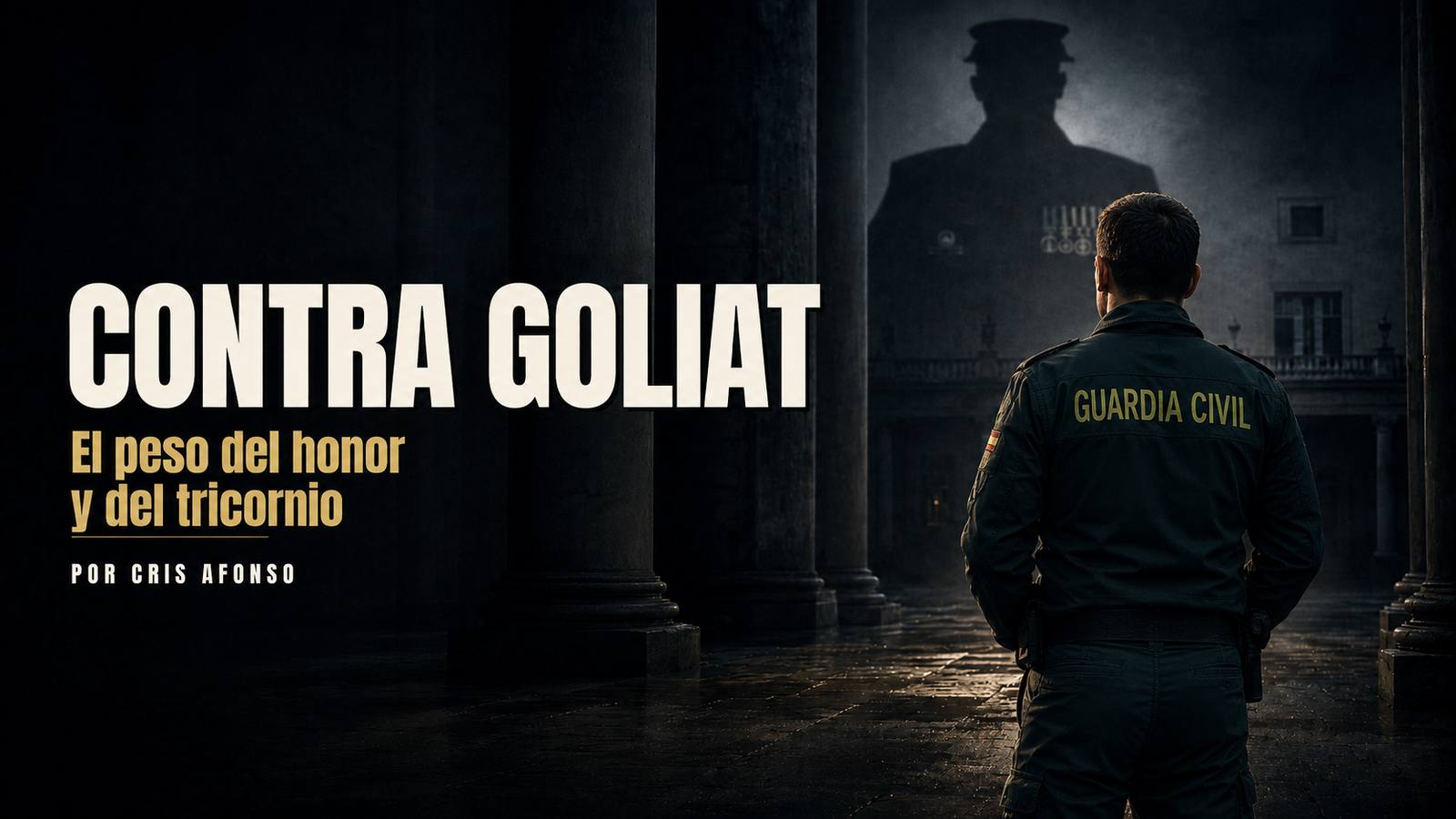 Guardia civil de espaldas mirando la sombra de un mando con tricornio