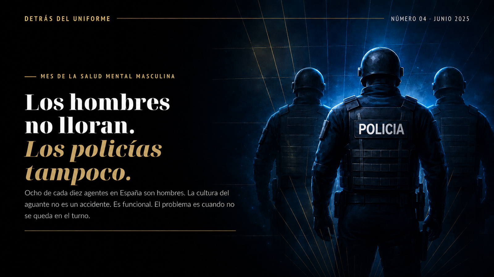 Tres agentes de policía de espaldas en formación, iluminados en azul