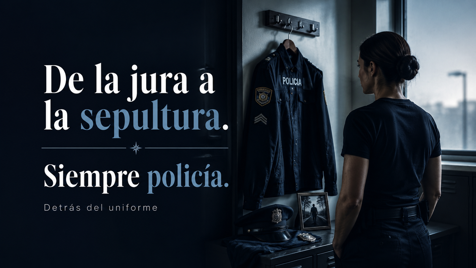 Uniforme de policía colgado en una percha junto a una ventana