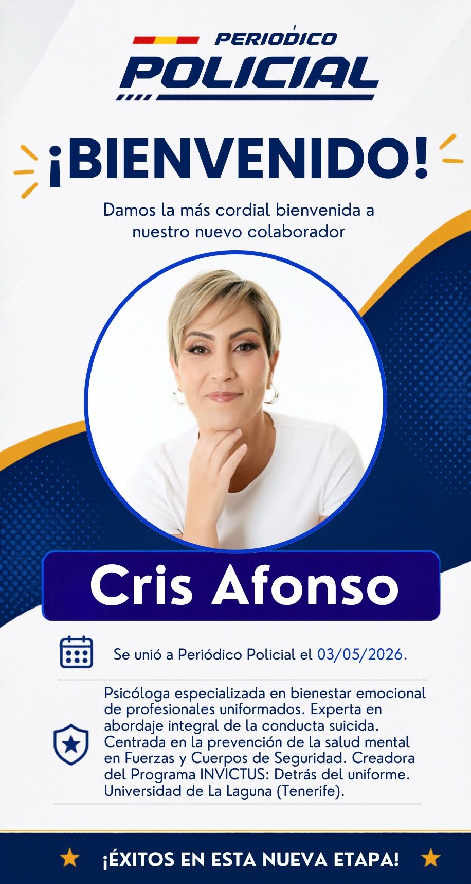Periódico Policial da la bienvenida a Cris Afonso como nueva colaboradora, 03/05/2026